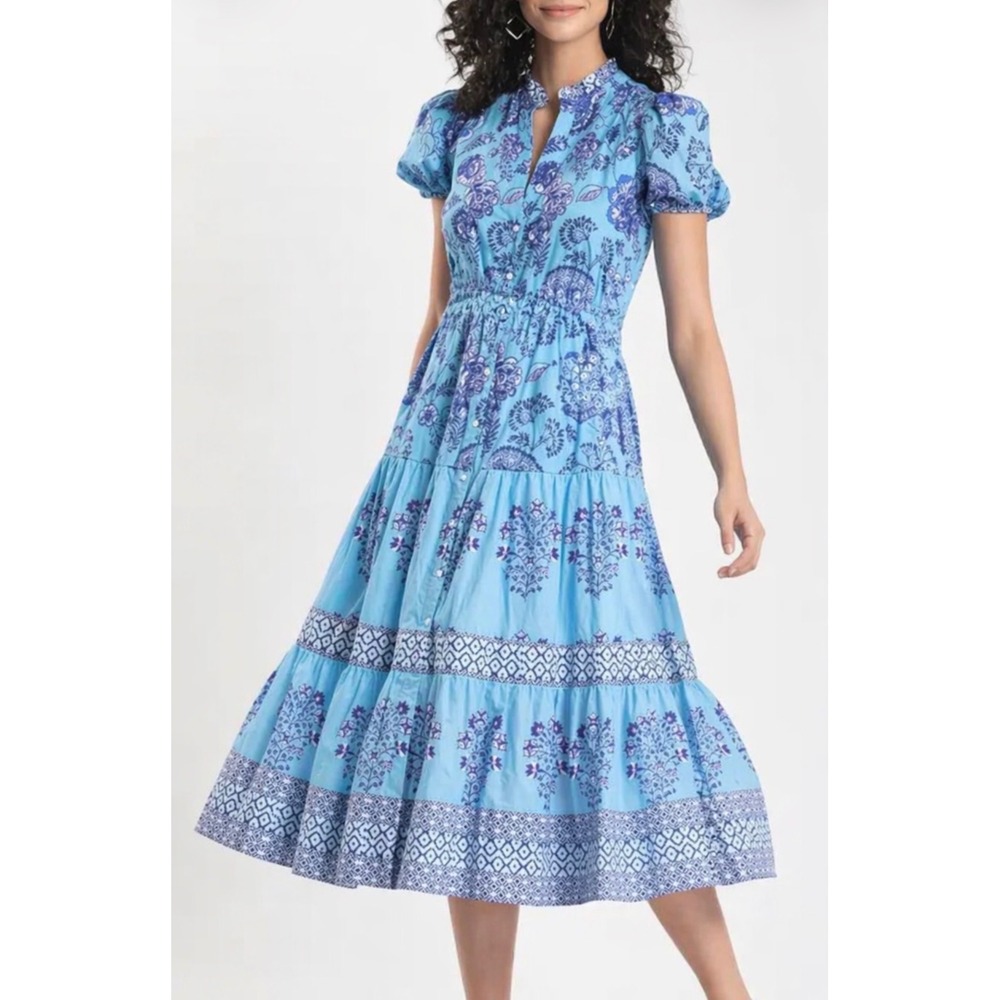 Celina Moon Blue Floral Cotton Tiered Midi Dress Smocked Boho‎ Size Small